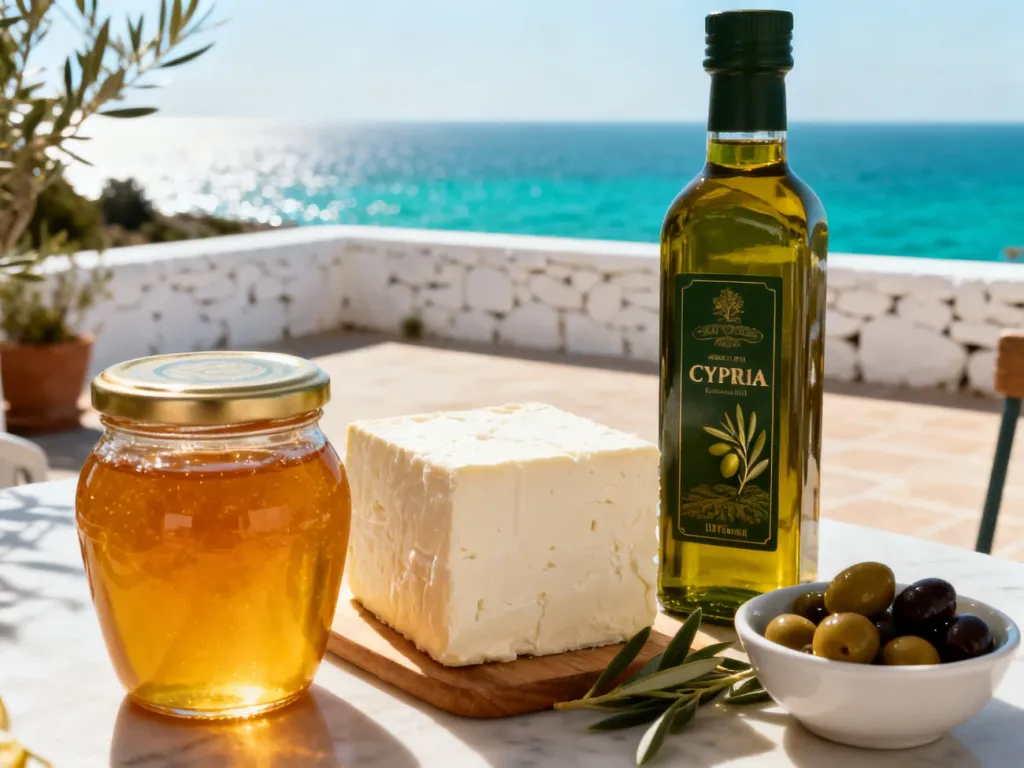 Tradycyjne cypryjskie produkty: ser halloumi, oliwa, miód i oliwki na tle słonecznego tarasu z widokiem na morze.