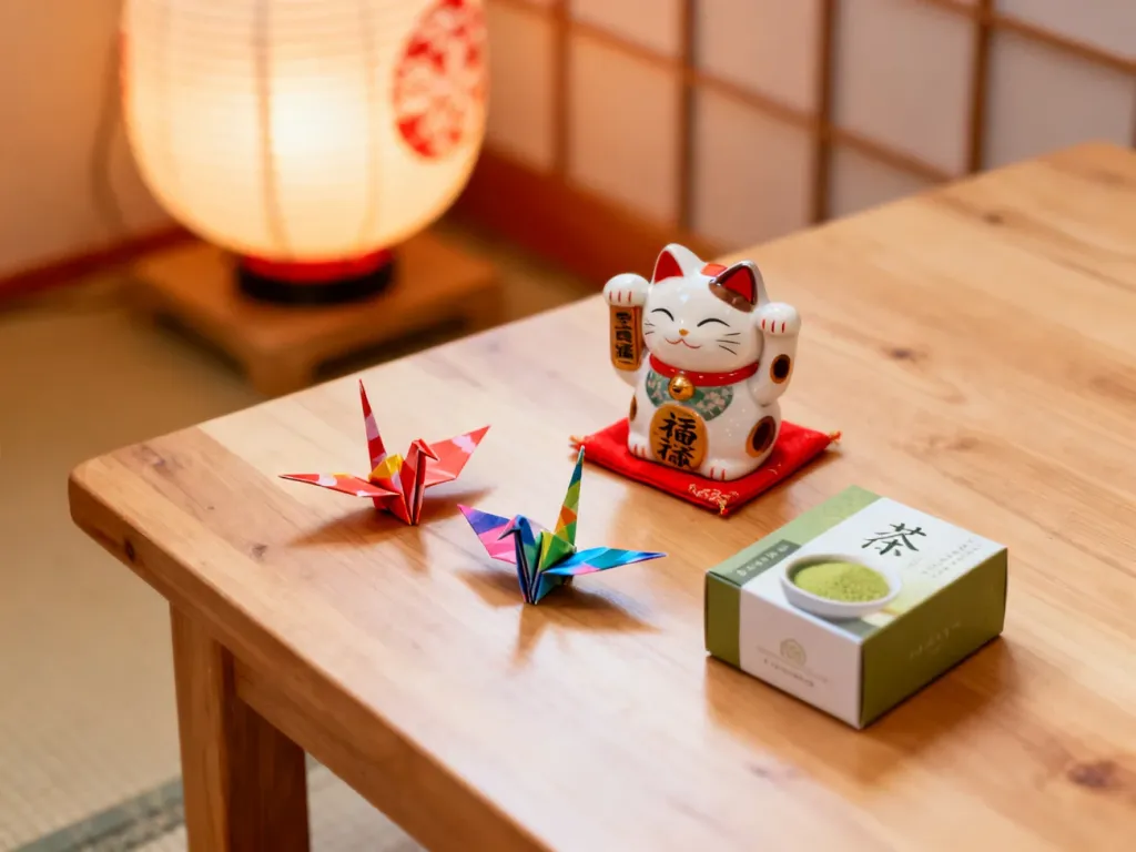 Zestaw japońskich pamiątek na drewnianym stole: figurka maneki-neko, papierowe żurawie origami oraz herbata matcha.