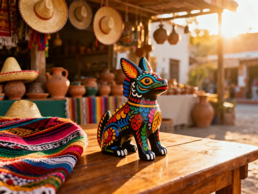 Ręcznie malowana figurka alebrije i kolorowa tkanina na tle meksykańskiego targu z sombrerami.
