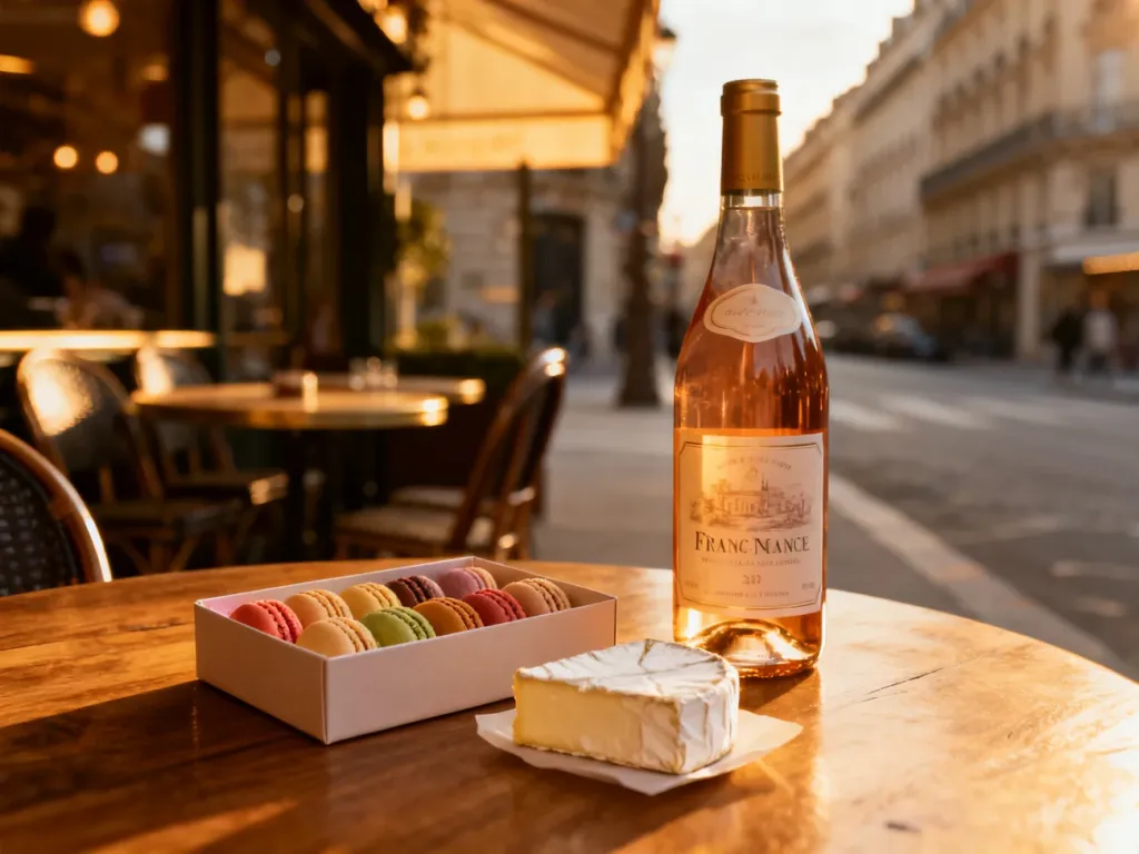 Butelka francuskiego wina, kolorowe makaroniki i ser brie na drewnianym stole w paryskiej scenerii.
